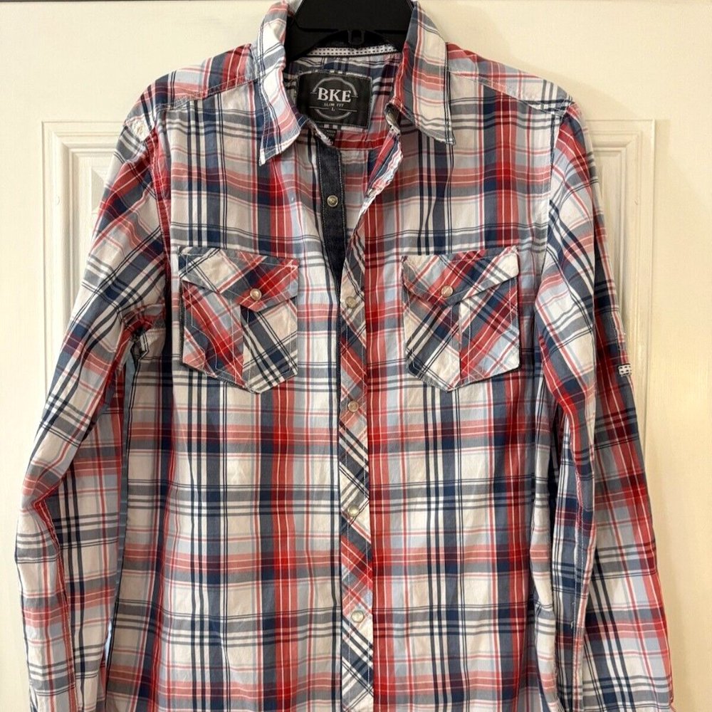 BKE Button Up Shirt Mens Large Red Blue Plaid Slim Fit Long Sleeve Snap Pocket